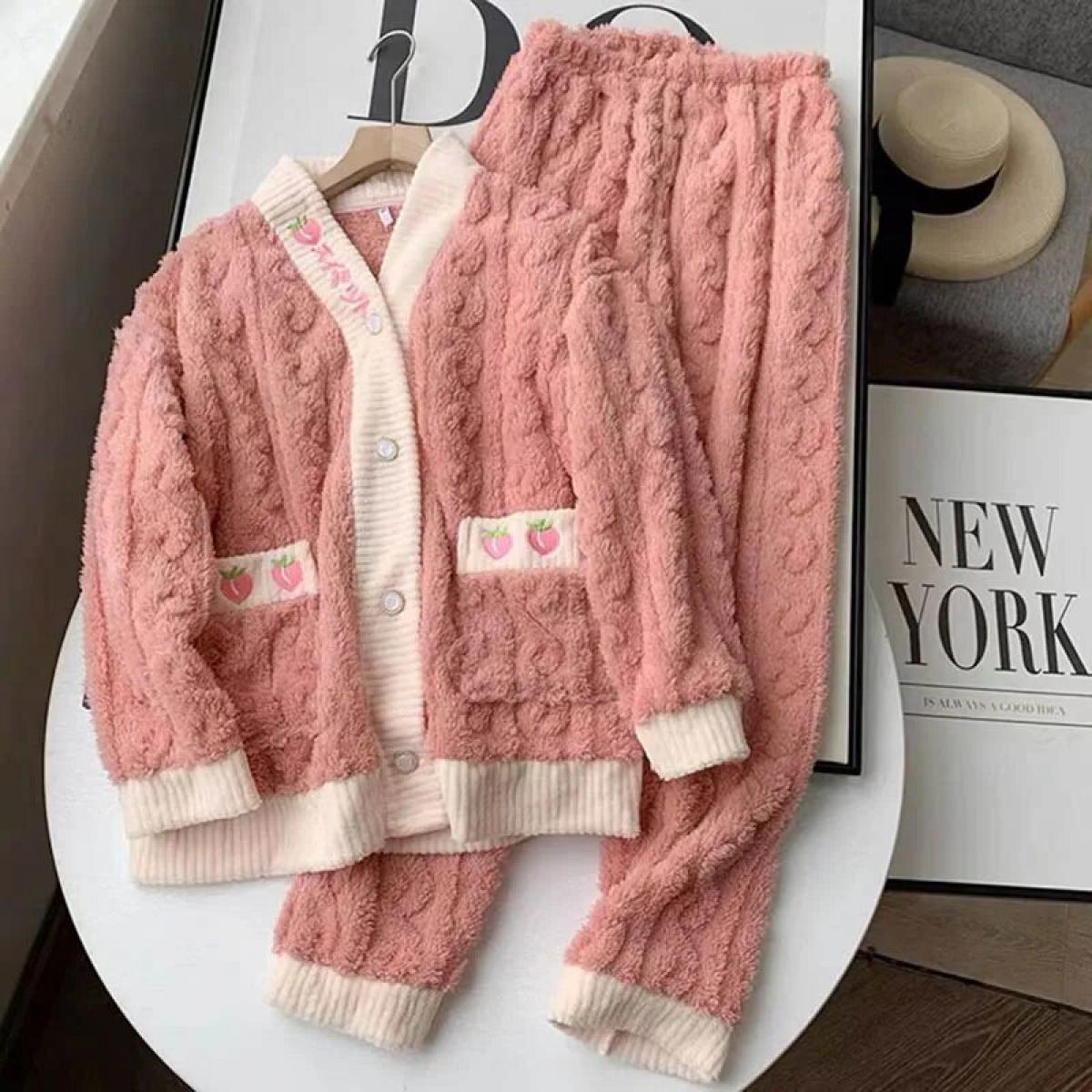 Pigiama da donna con fiocco Set pigiama in pile invernale 2 pezzi Pantalone da casa Abito soffice Bottone carino Piiama caldo ve