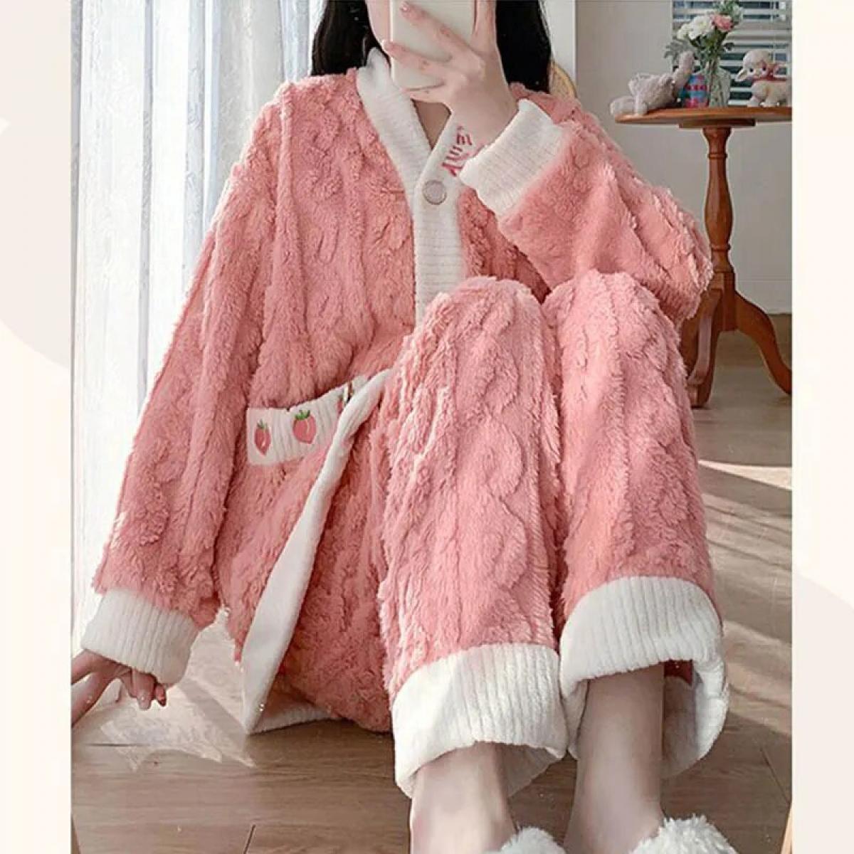 Pigiama da donna con fiocco Set pigiama in pile invernale 2 pezzi Pantalone da casa Abito soffice Bottone carino Piiama caldo ve