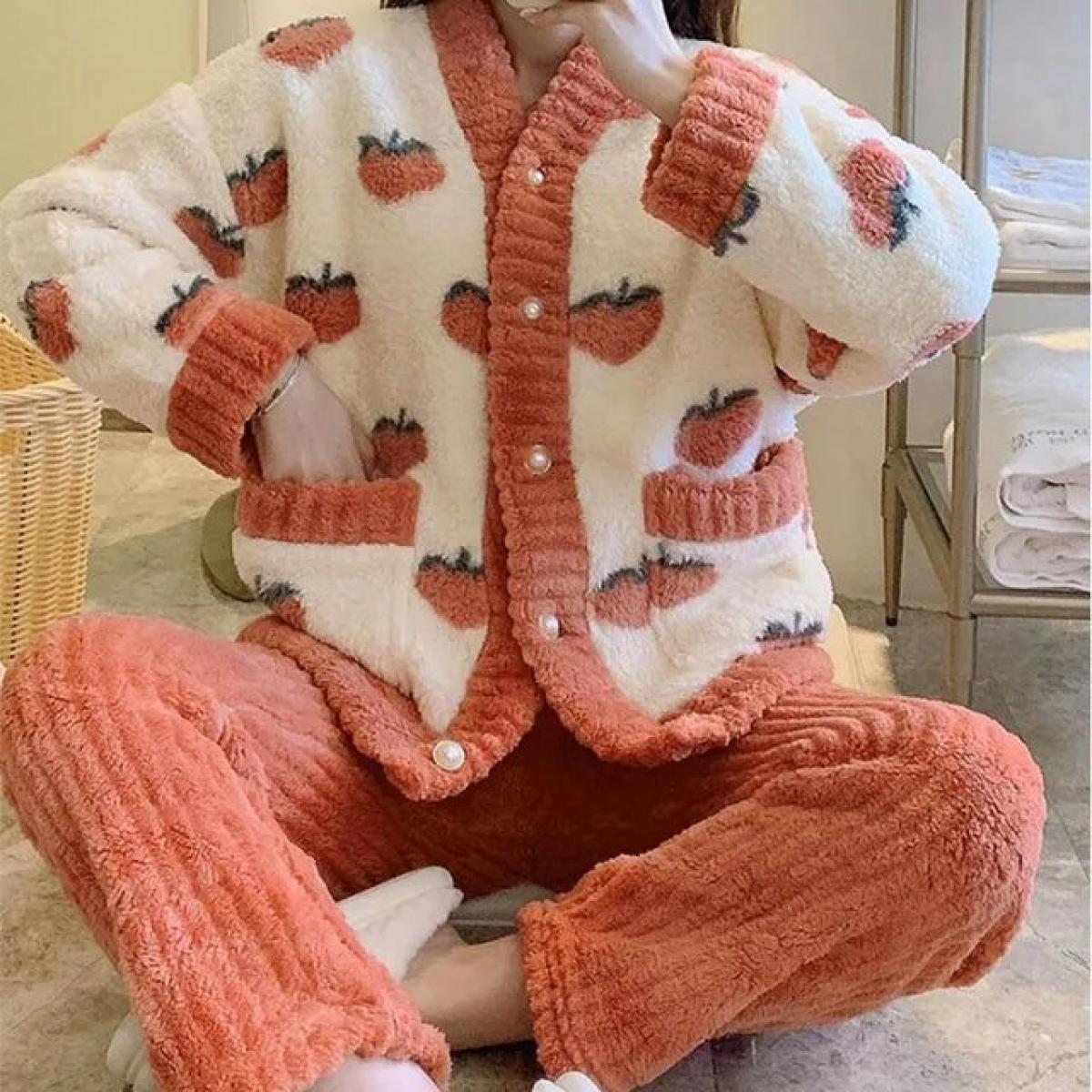 Pigiama da donna con fiocco Set pigiama in pile invernale 2 pezzi Pantalone da casa Abito soffice Bottone carino Piiama caldo ve