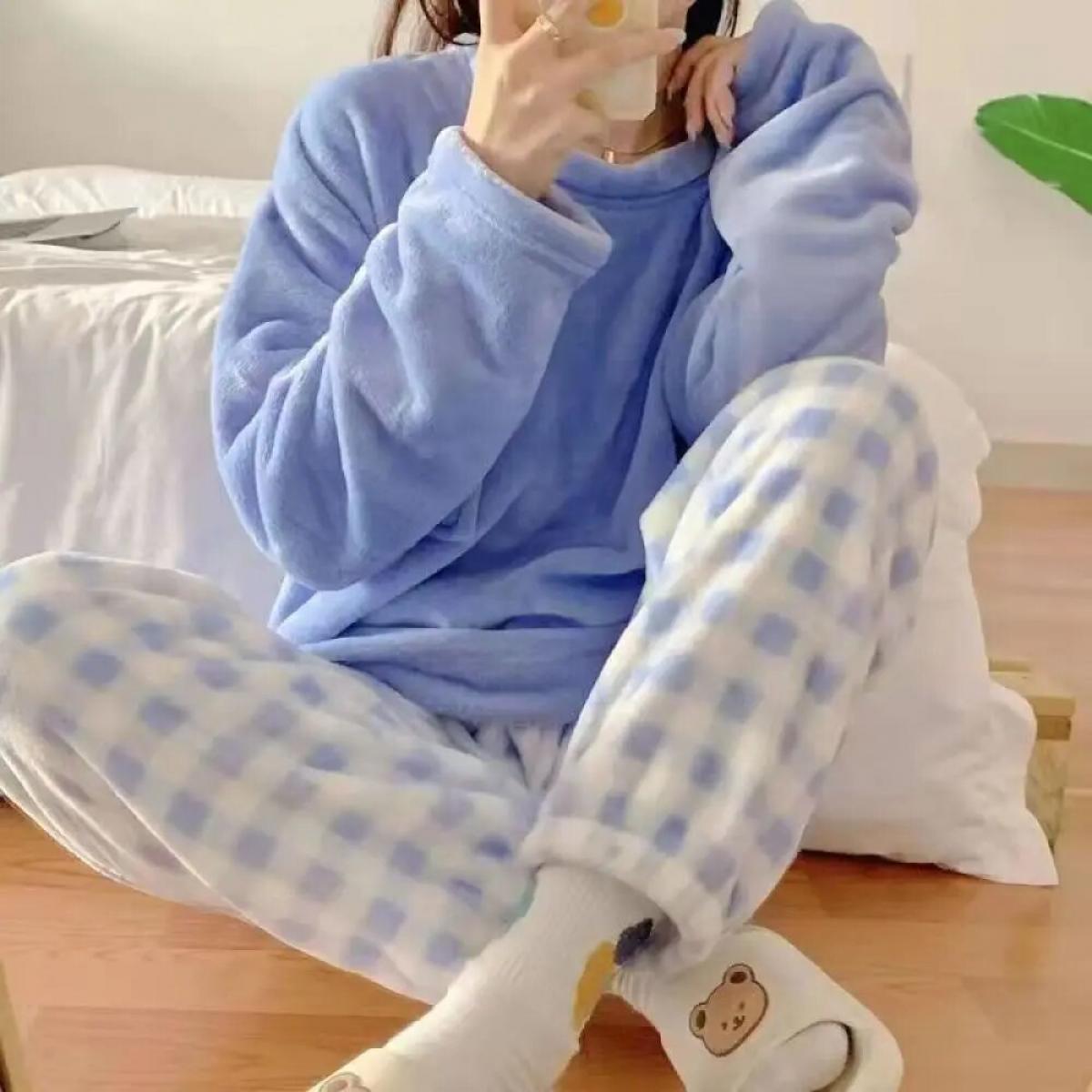 Pigiama da donna spesso caldo in pile Set indumenti da notte invernali Casual tinta unita e pantaloni scozzesi Set pigiama morbi