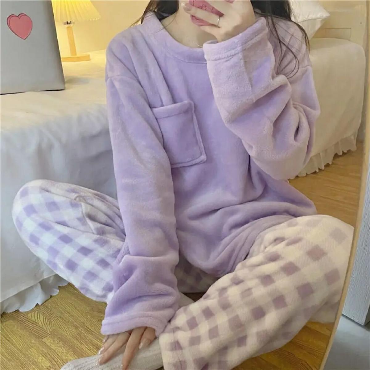 Pigiama da donna spesso caldo in pile Set indumenti da notte invernali Casual tinta unita e pantaloni scozzesi Set pigiama morbi