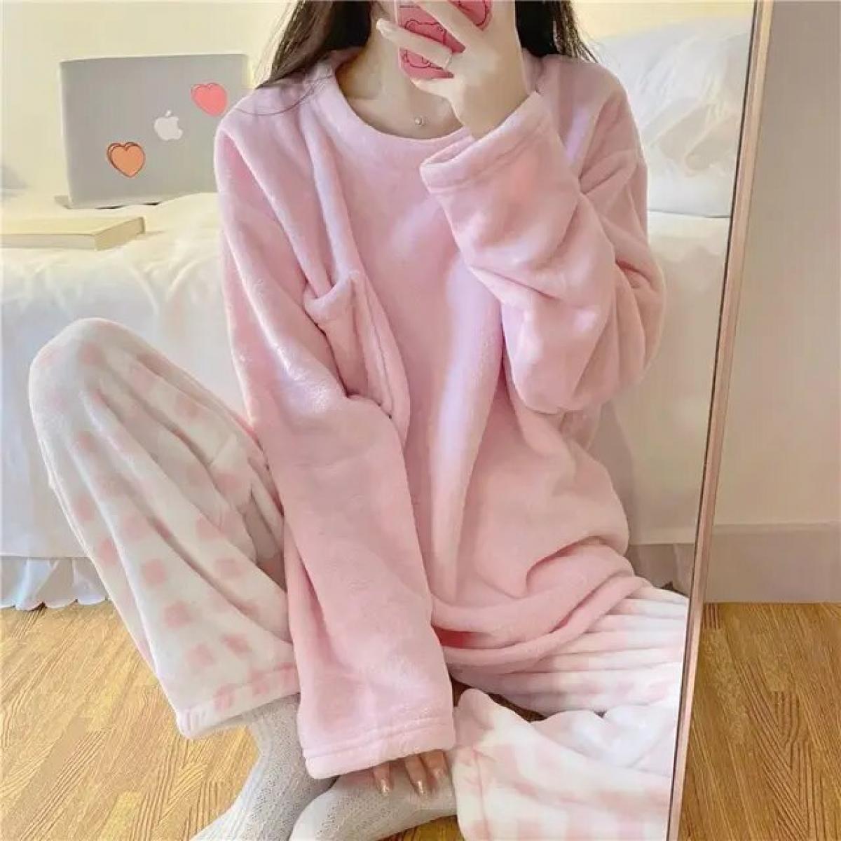 Pigiama da donna spesso caldo in pile Set indumenti da notte invernali Casual tinta unita e pantaloni scozzesi Set pigiama morbi