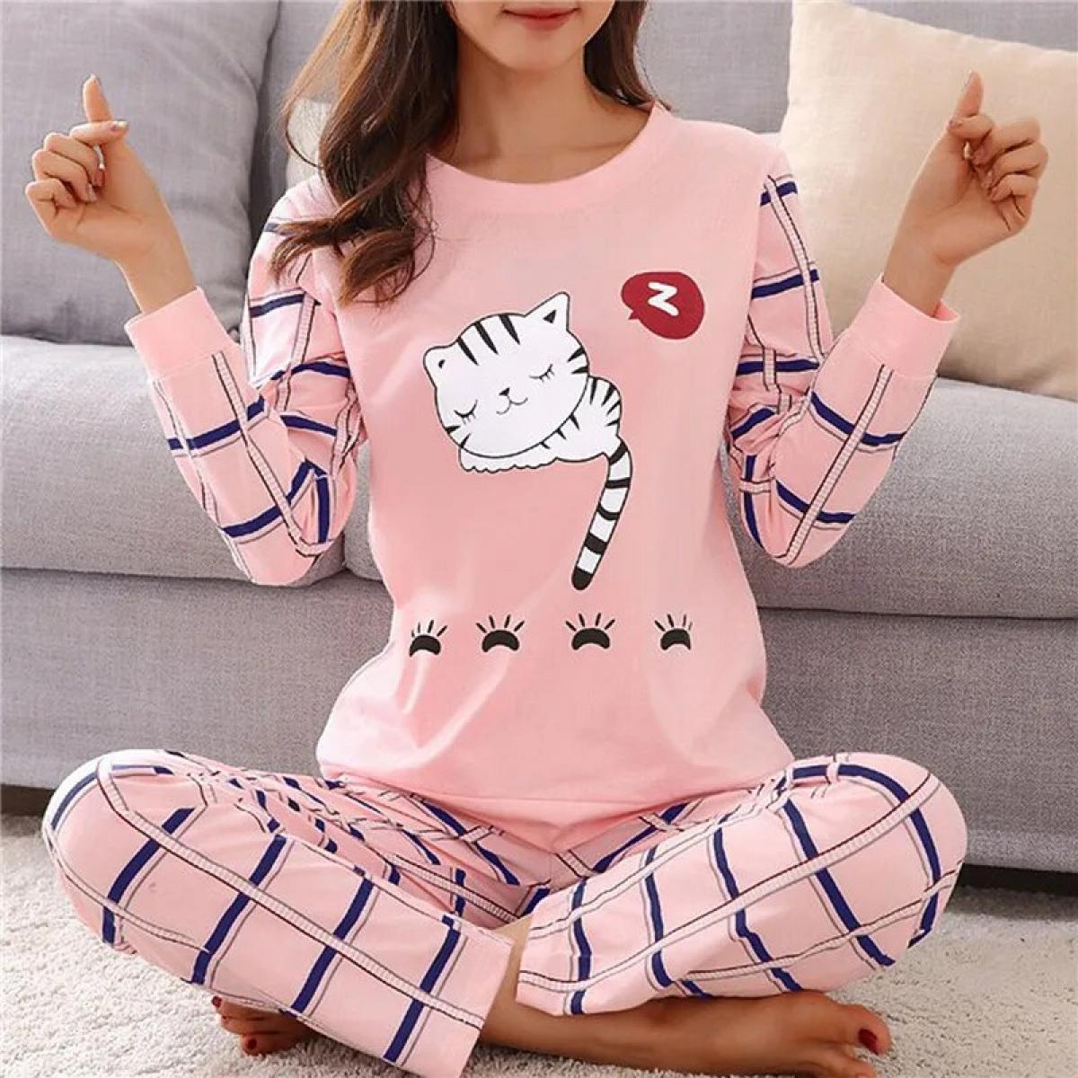 Pigiama di cotone da donna Set di indumenti da notte di grandi dimensioni Donna 2 pezzi Pigiama Primavera Autunno Coppia femmini