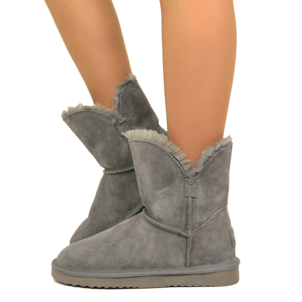 Stivaletti Donna Caldi con Pelo in Pelle Grigi