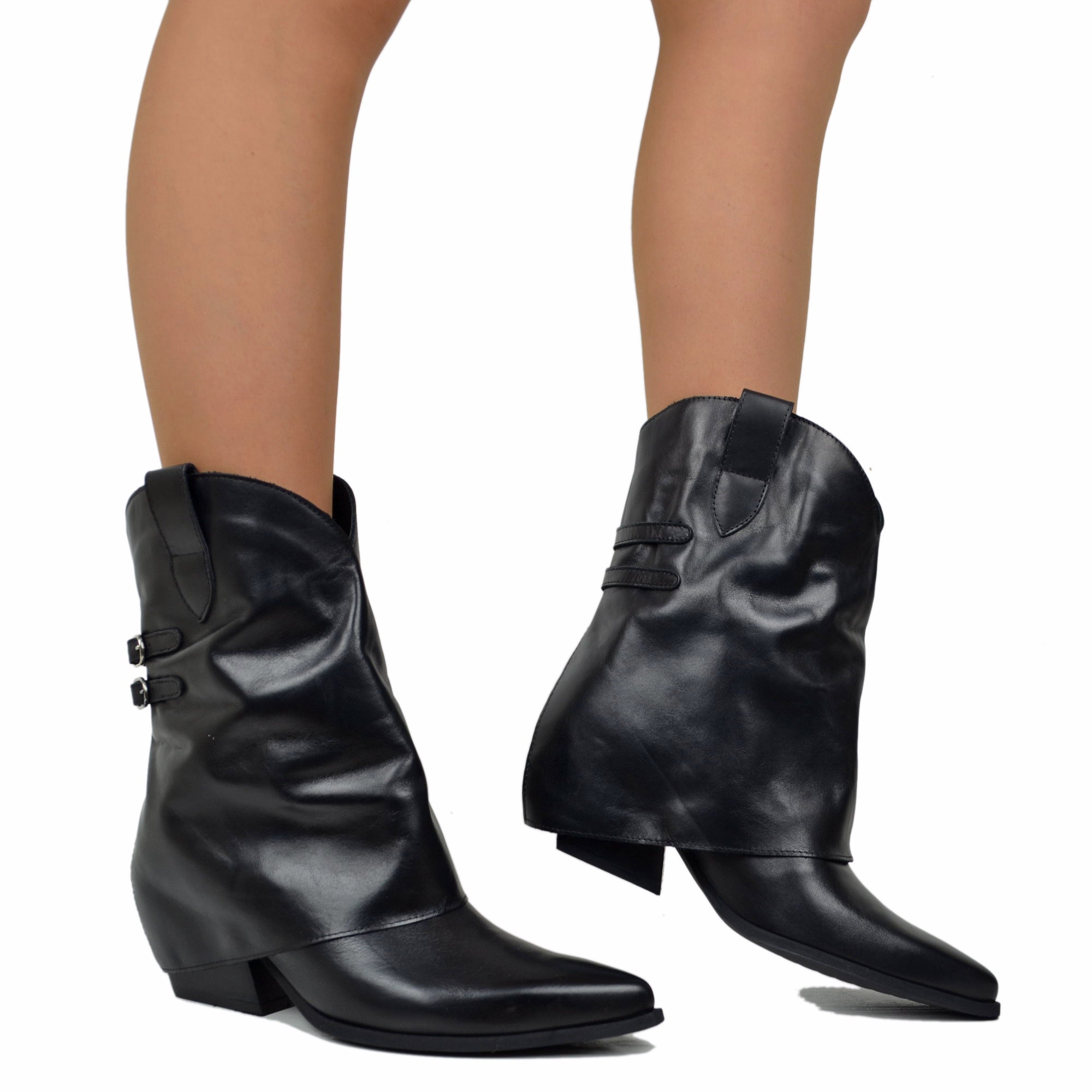 Stivaletti Texani con Ghetta Donna in Pelle Neri con Fibbie